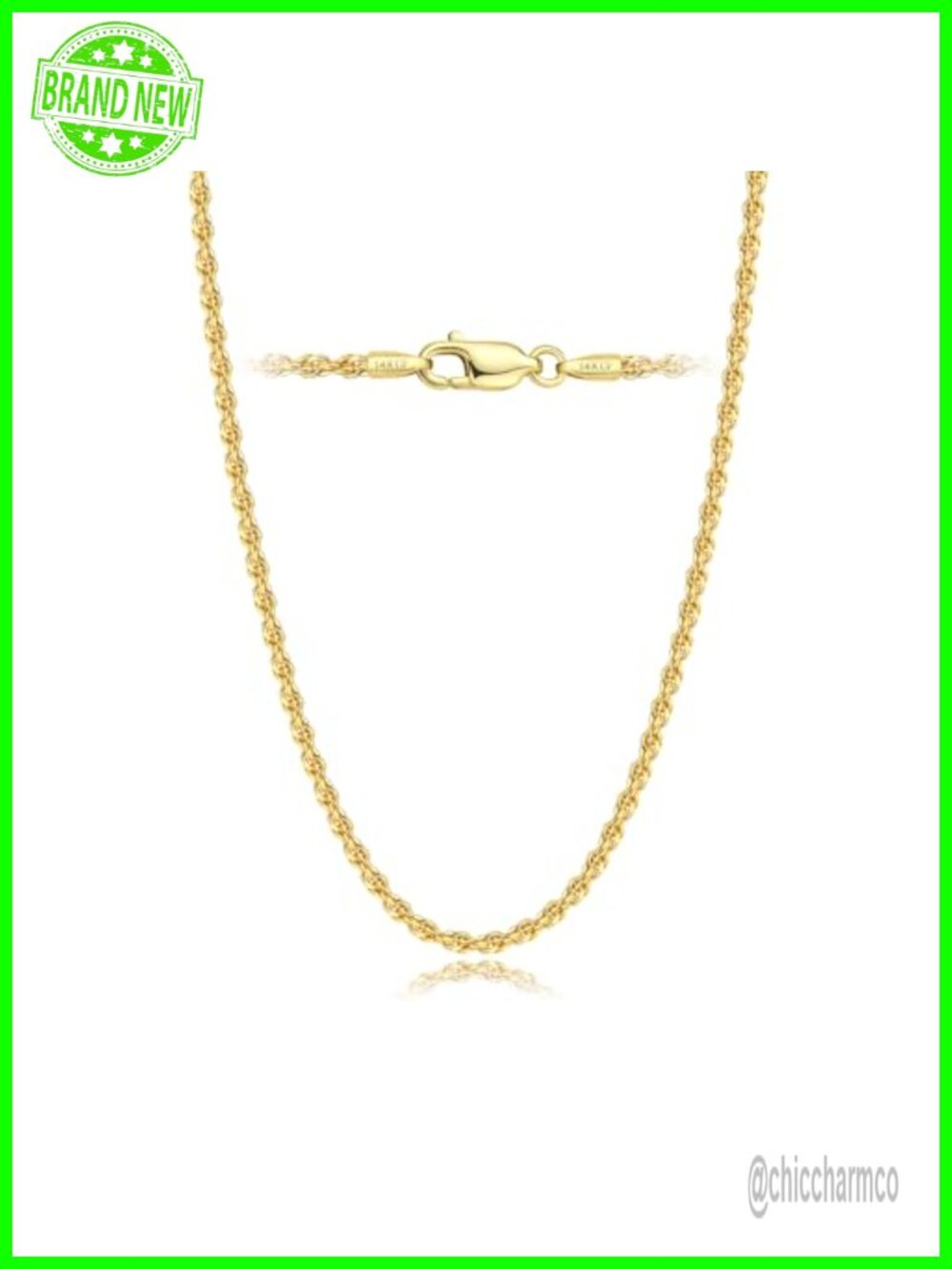 14K Gold Rope Chain Necklace Unisex Non-Tarnish Lobster Clasp 20"